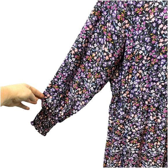 Terra Sky Womens Dress Black Floral Midi Pockets LS Peasant Whimsigoth Boho 2X - Picture 2 of 11